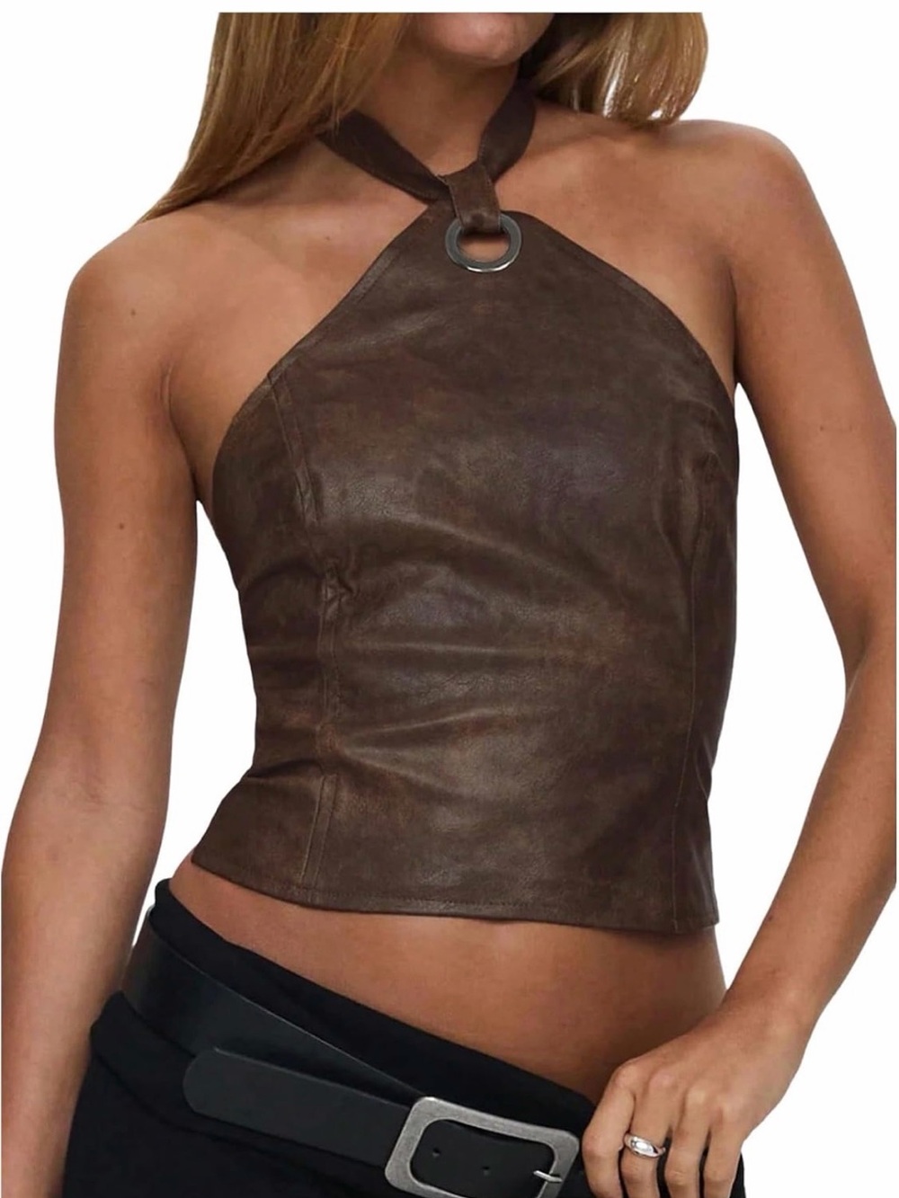 Brown Faux Leather Halter Crop Top XS